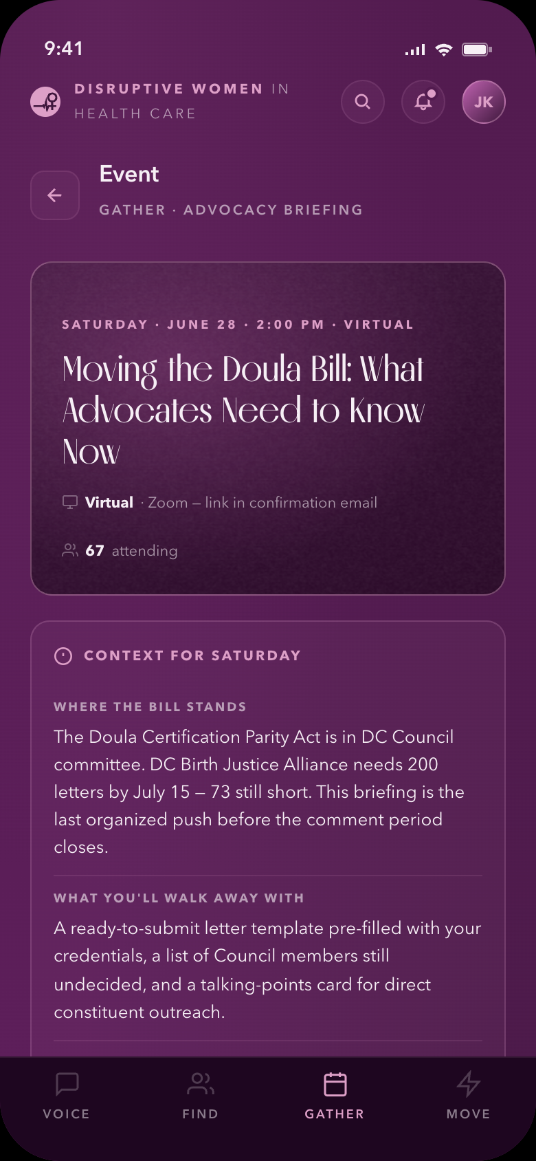 Gather — event detail (virtual advocacy briefing)