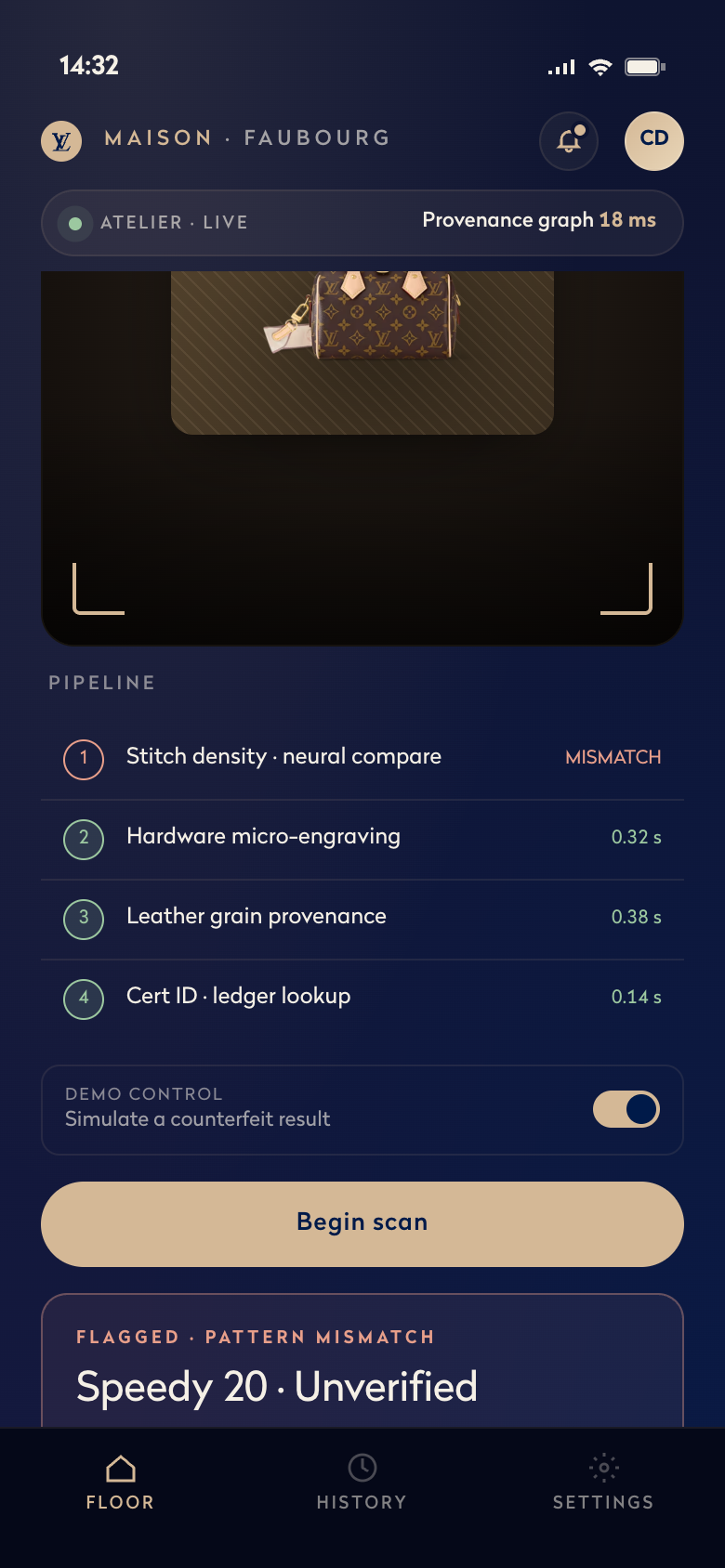 Authenticate — flagged counterfeit result
