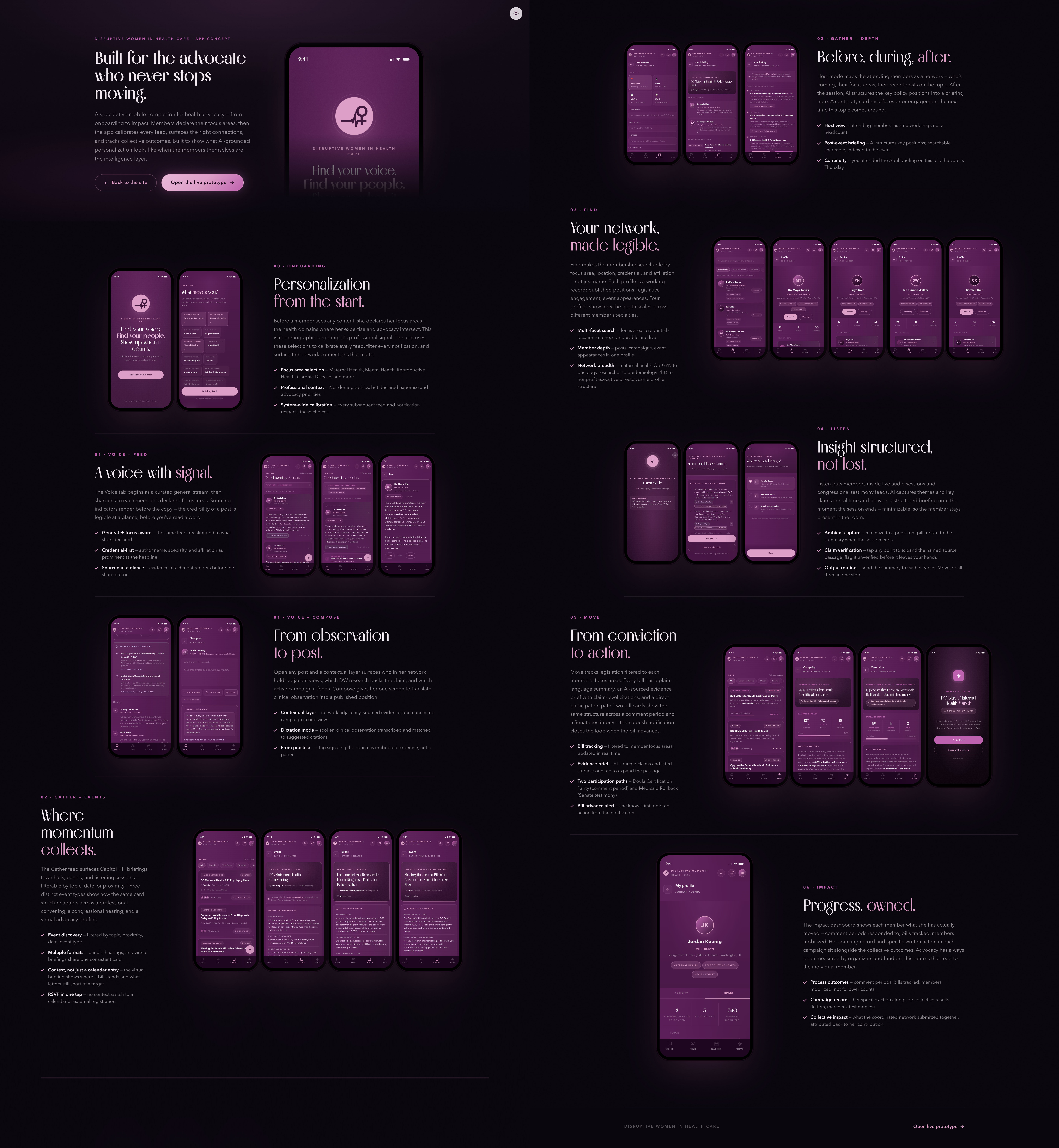 Disruptive Women app walkthrough — dark mode