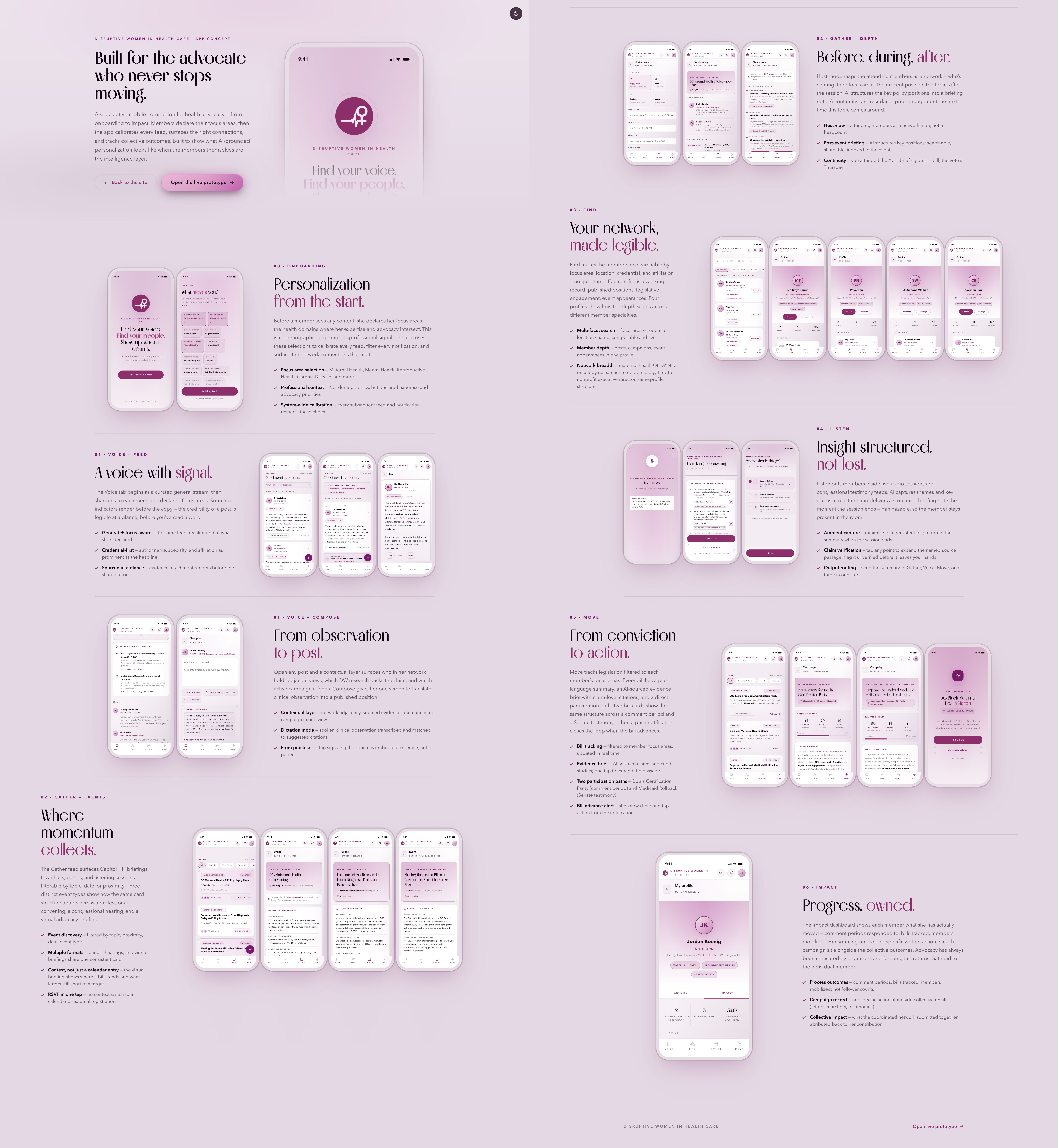 Disruptive Women app walkthrough — light mode