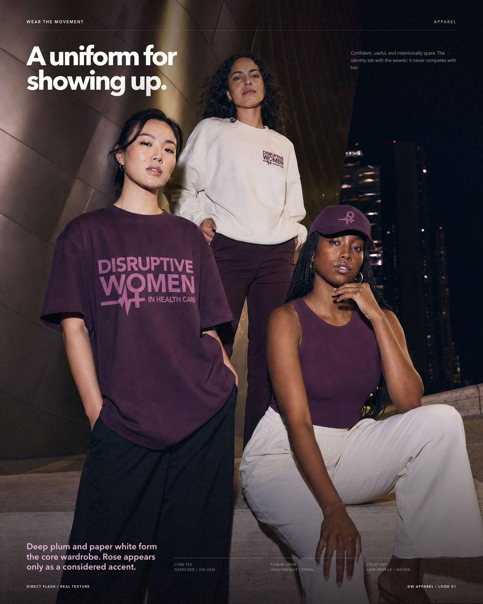 Disruptive Women apparel — core tee, forum crew, field cap