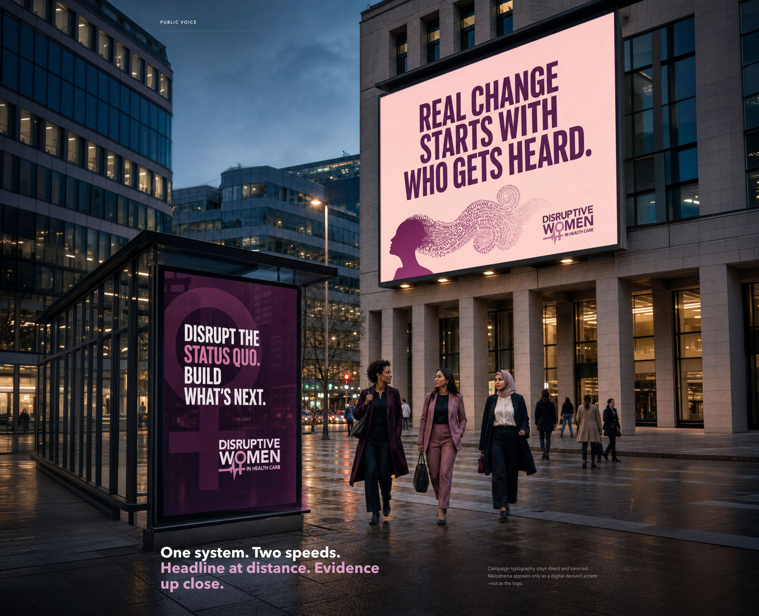 Disruptive Women urban out-of-home campaign — transit shelter and building-facade placements in a conference district