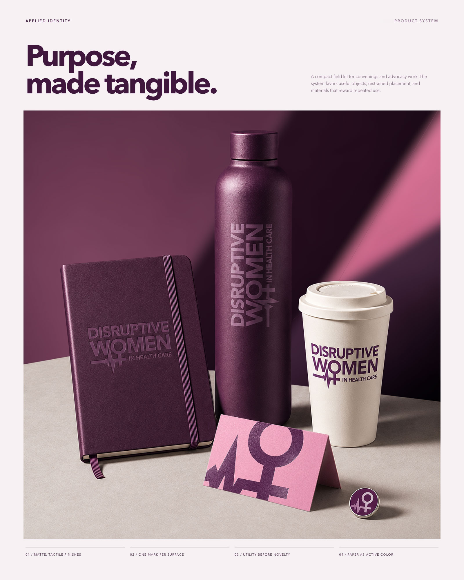 Disruptive Women product applications — notebook, water bottle, coffee cup, table card, lapel pin