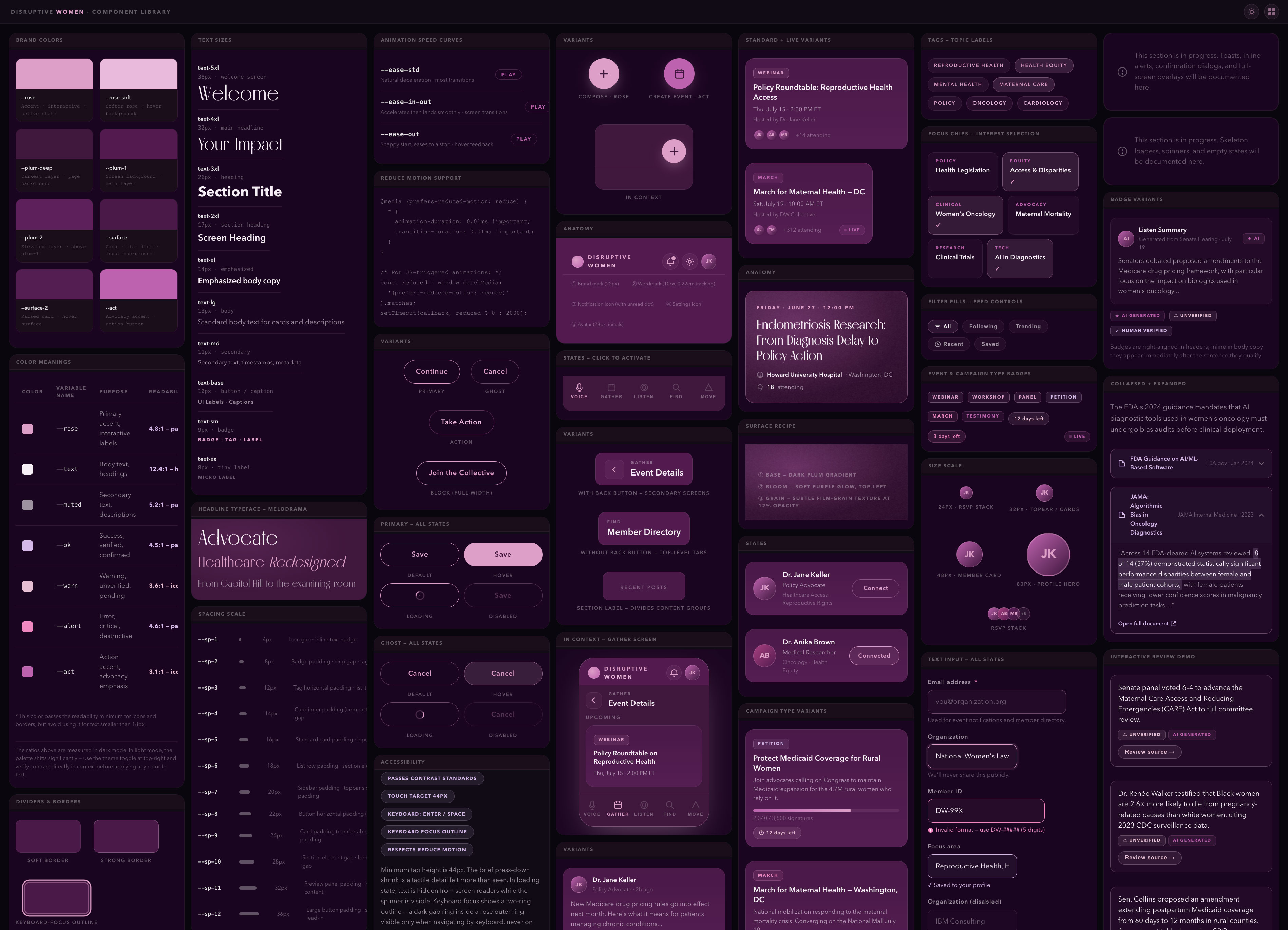 Disruptive Women component library — dark mode, full system: colors, typography, motion curves, buttons, badges, cards, spacing scale, accessibility notes