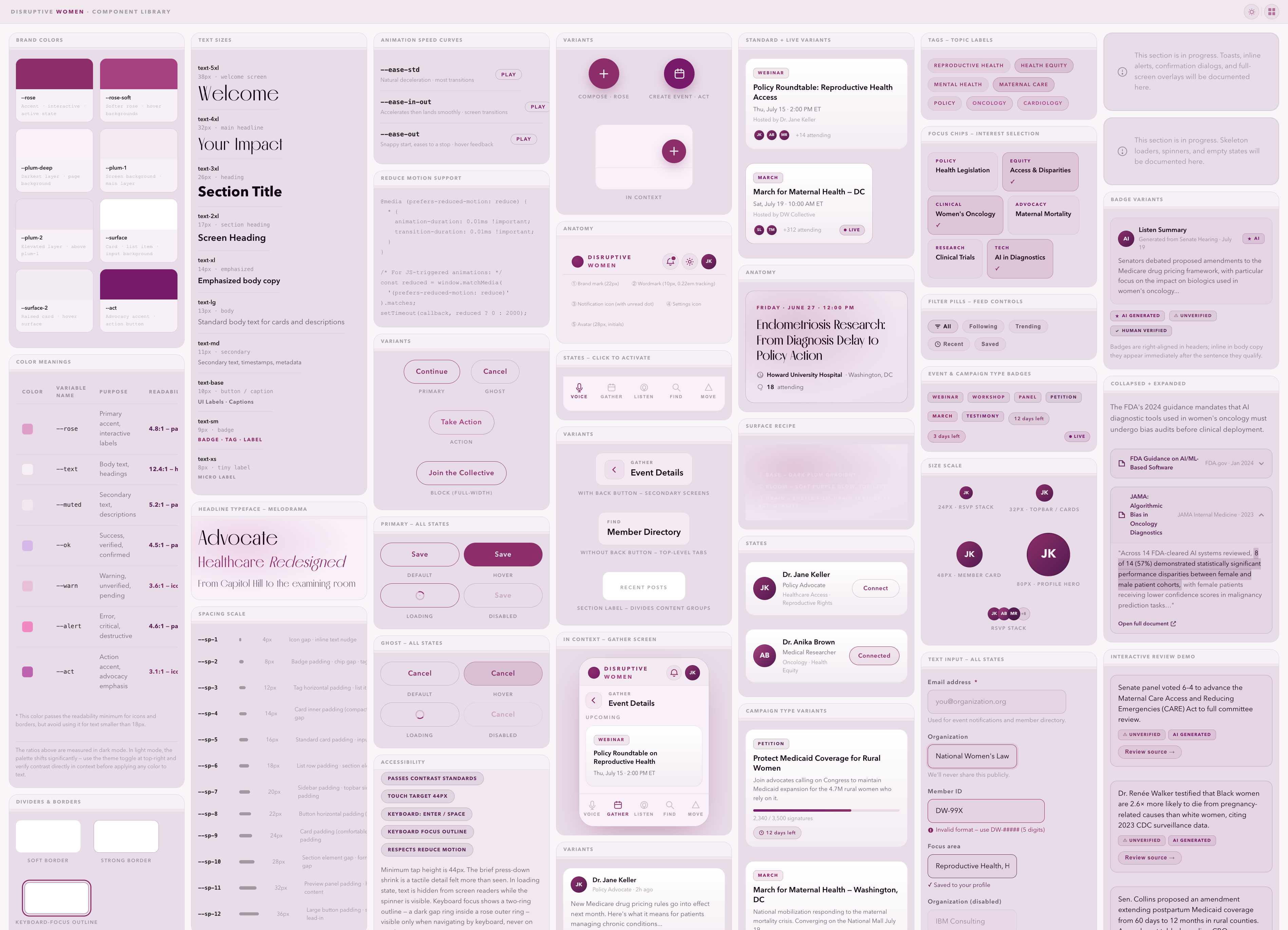 Disruptive Women component library — the same system in light mode, toggled live